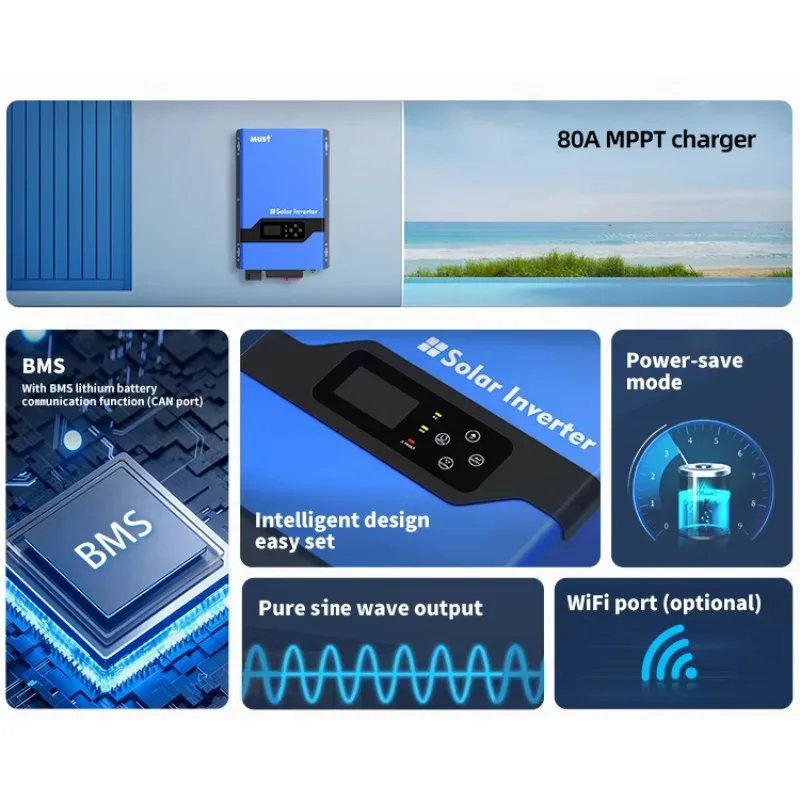 العاكس الهجين 5KW 6KW العاكس للطاقة الشمسية سبليت المرحلة إلى 110V 220V الناتج يجب العاكسون والمحولات