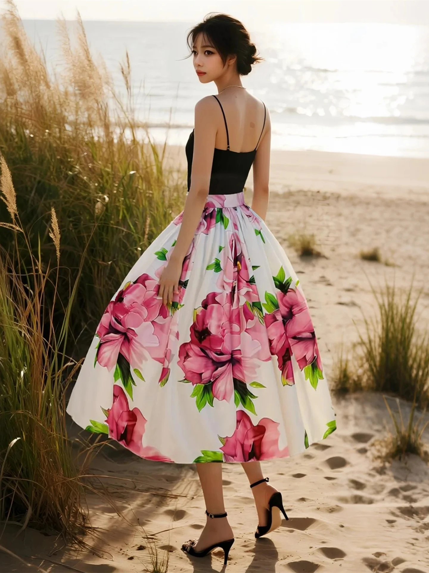 

Юбка миди с высокой талией, винтажная, класса люкс, А-силуэт, из полиэстера, неэластичная, для повседневной носки