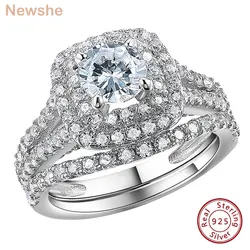 Newshe 2 Pcs 925 Silver Bridal Jewelry Double Halo Round Cut AAAAA Cz Engagement Rings Wedding Band for Women Victorian Style