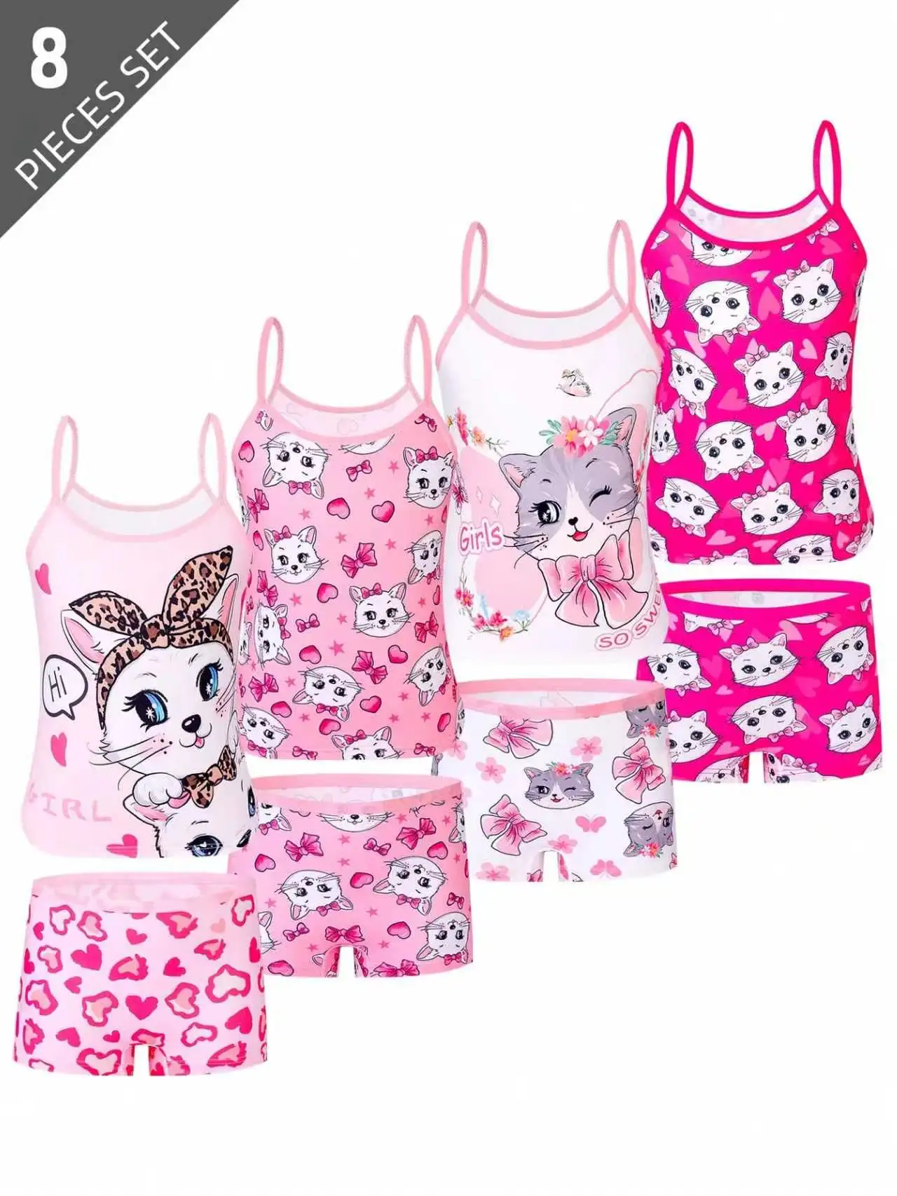 Girls' Unicorn Rocking Horse 4-Piece Set: Long Strap Top + Soft Boxer Briefs with Elastic Band, Four-Piece Underwear Set