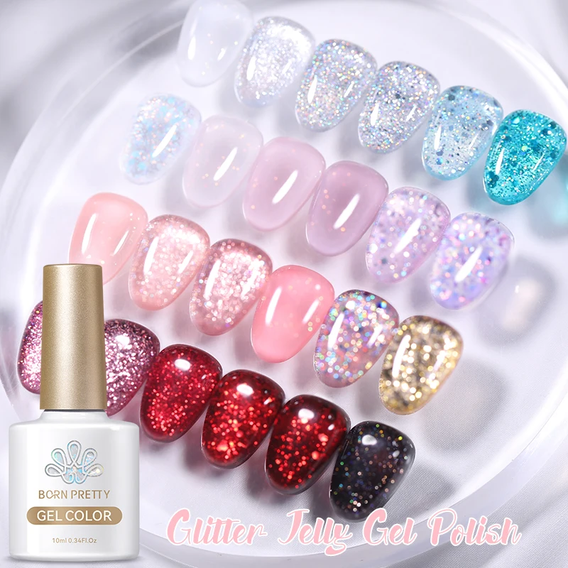 BORN PRETTY 10ml Glitter Sequins Gel Nail Polish Shining Soak Off UV Semi-permanent Varnish Base Top Coat Hard Gel Design