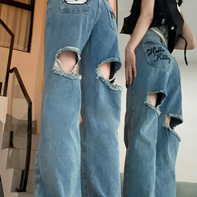 Kawaii Sanrio Hellokitty Embroidered Jeans Ripped Girls Straight Wide Leg Pants Versatile Workwear Casual Loose Motorcycle Pants