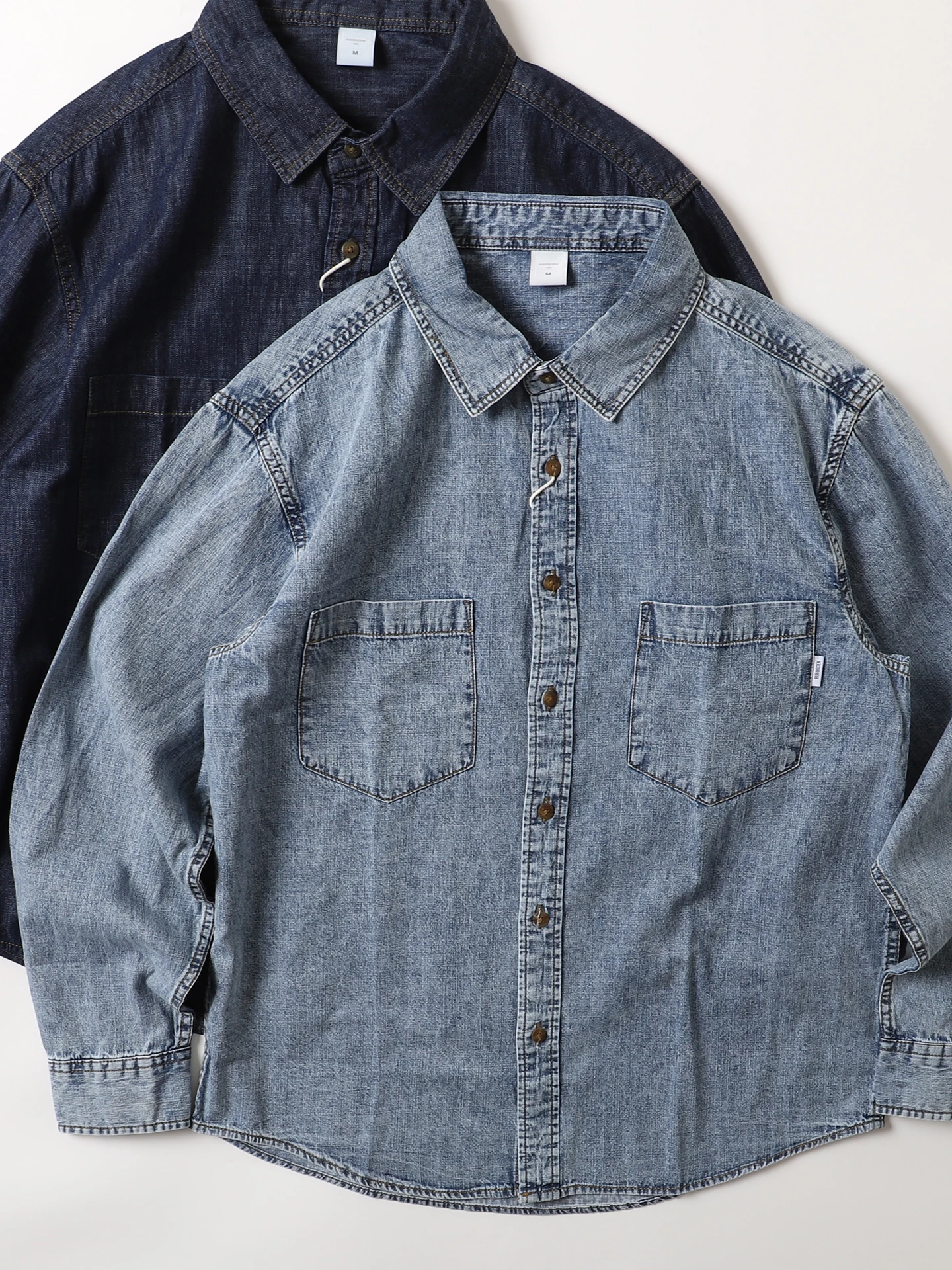 

Мужская джинсовая рубашка в стиле ретро из чистого хлопка с длинными рукавами, повседневная, свободного кроя, с классическим воротником, на пуговицах, стандартной длины