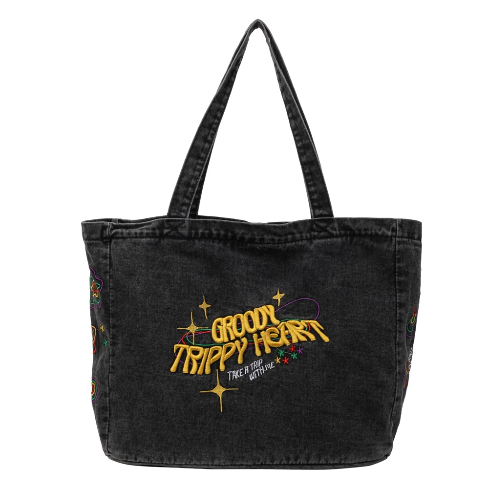 Denim Shoulder Bag Large Capacity Embroidered Fashion Handbag Aesthetic Travel Shopper Hobo Bag for Women and Girls