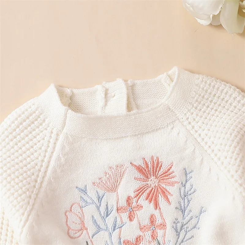 

Infant Baby Girl Knit Jumpsuit Flower Embroidery Long Sleeve Drawstring Waist Romper Autumn Outfits