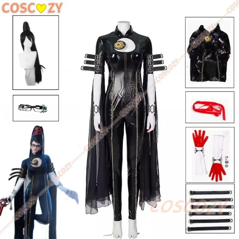 

Game Bayonetta Cosplay Costume Black Jumpsuit Adult Lady Woman Outfits Halloween Carnival Party Suit Wig Glasses For Women