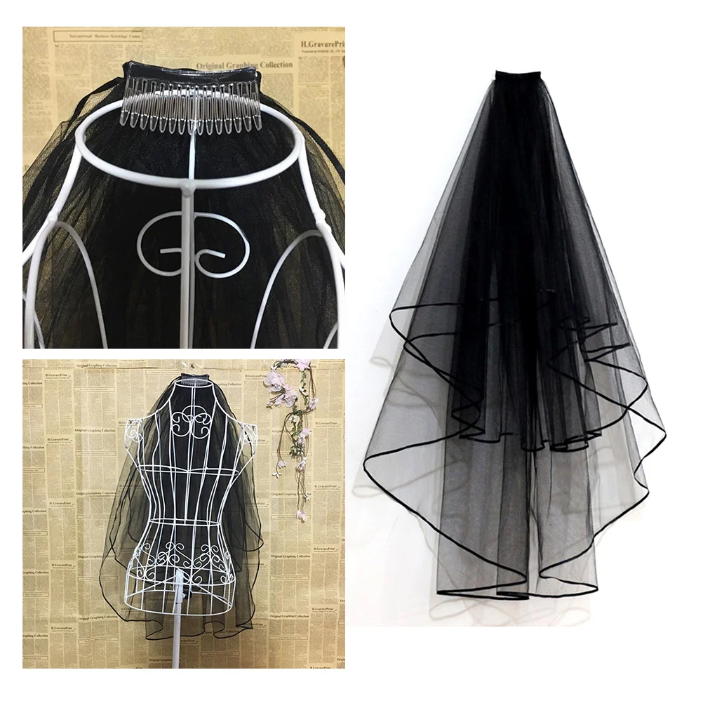 1 قطعة ريترو أسود طويل الشريط العروس طرحة زفاف حافة العروس خوذة للنساء الزفاف إكسسوارات الشعر الحجاب الأسود الزفاف #2