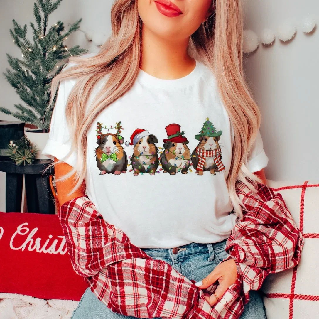 Top Short Sleeve Casual Funny Christmas Guinea Pig Santa Hat T-Shirt Women's Clothing Fashion T-Shirt Women's Pattern Loose T-Sh