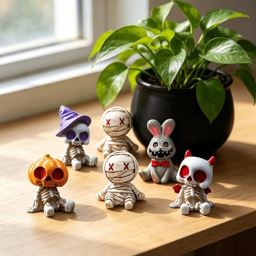 4/6Pcs Halloween Spooky Skeleton Mummy Figurines Mini Resin Statues for Car Dashboard Desk Party Home Garden Decoration