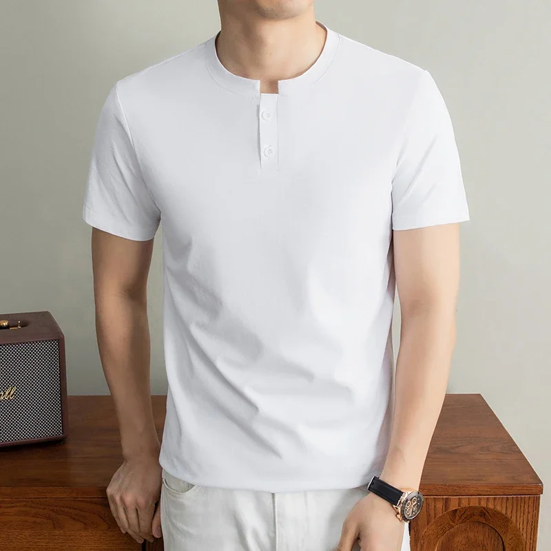 Basic henley neck top for men two button placket soft thin stretch short sleeve outdoor driving daily versatile apparel