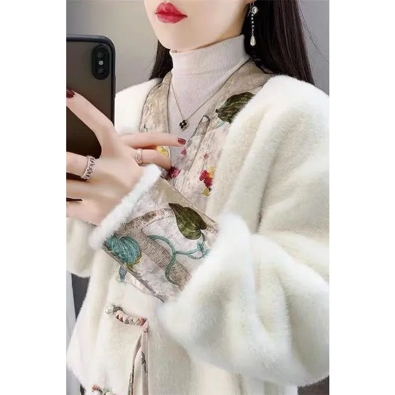 

New Short-sleeved Chinese-style Coat with Mink Imitation Off-season Fur Imitation Traditional Chinese Style One Piece Bestseller