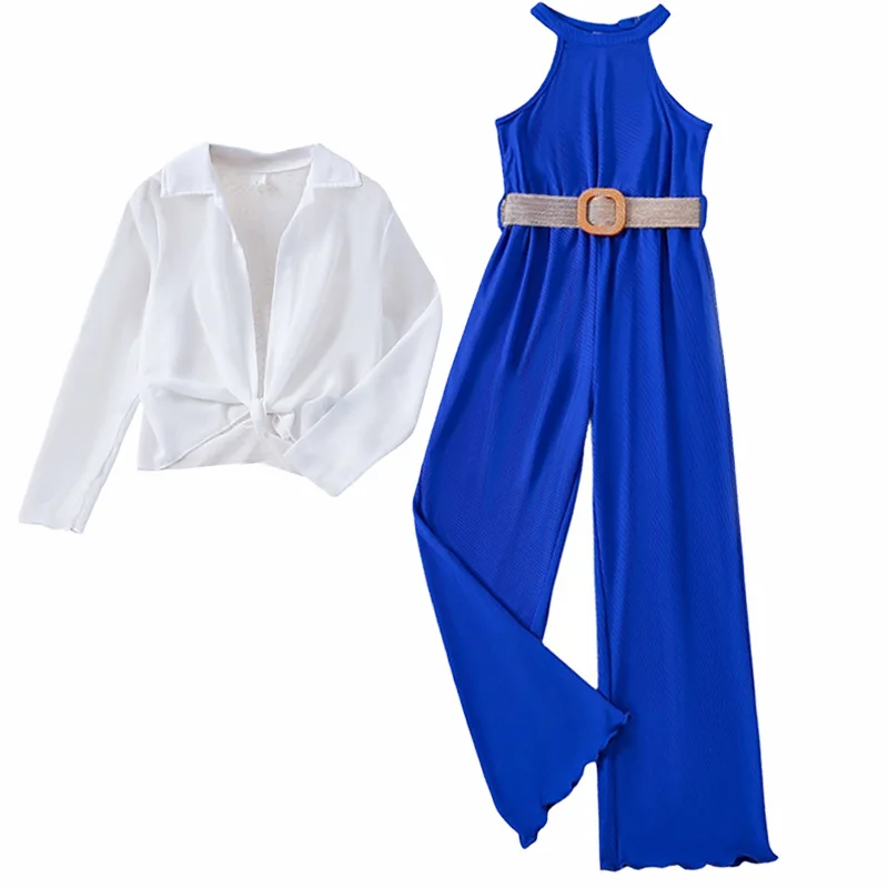 Fashion Girl Clothes Teenager Set Girls Suits Blouse Chiffon and Jumpsuit Halter with Belt Elegant Formal Outfit Teens Plus Size