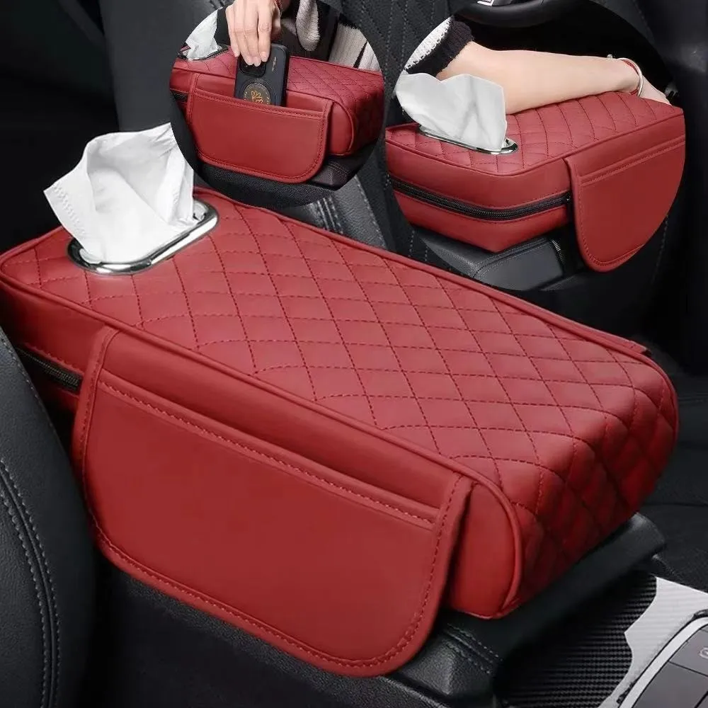 Car Armrest Seat Cushion With Tissue Box Storage Bag PU Genuine Leather Car Armrest Portable Car Universal Armrest Pillowcase