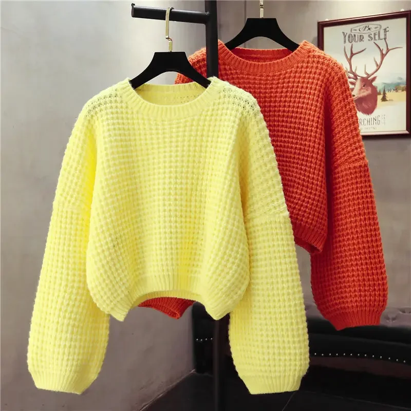 2024 New Autumn/Winter Women's Pullover Sweater Sweet Candy Color Loose Fit Outerwear Cropped Knit Wool Top Lazy Style