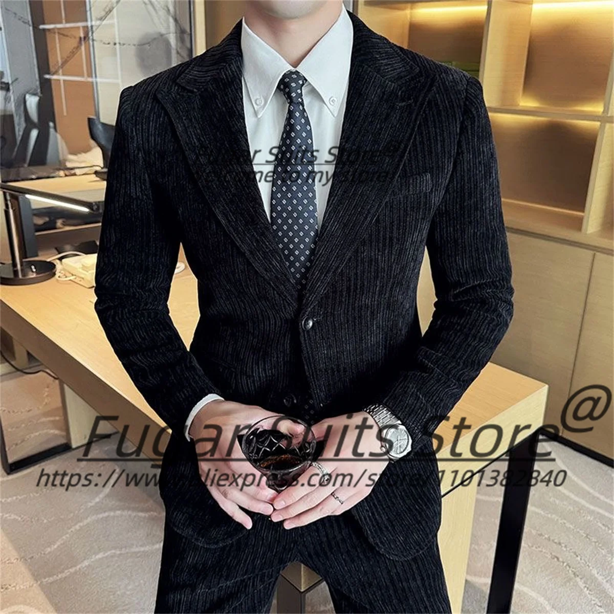 

Classic Retro Corduroy Black Men Suits Slim Fit Peak Lapel Groom Party Tuxedos 2 Pieces Sets Handsome Male Blazers Costume Homme