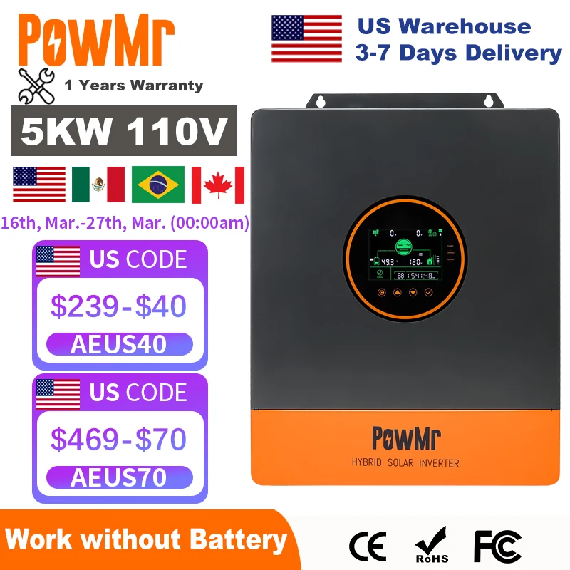 PowMr 5KW Split Phase Inverter 110V 48V On Grid Off Grid Pure Sine Wave Hybrid Solar Inverter with MPPT 100A Battery Charger