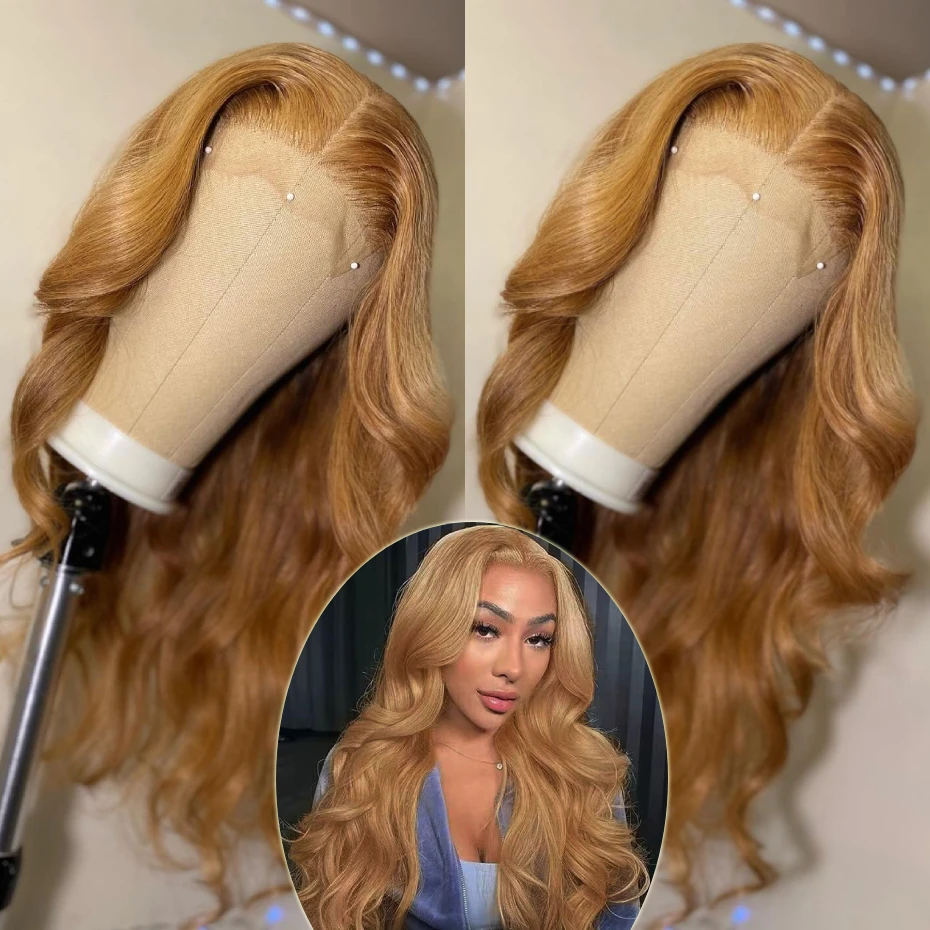 

30 40 Inches 27 Honey Blonde Body Wave 13x6 HD Lace Frontal Wig Human Hair Pre Plucked Light Brown Colored Human Hair Wigs Body Wave Raw Vietnamese Remy Transparent Lace Front Human Hair Wigs Deep Middle Side Parting 200 220 Density