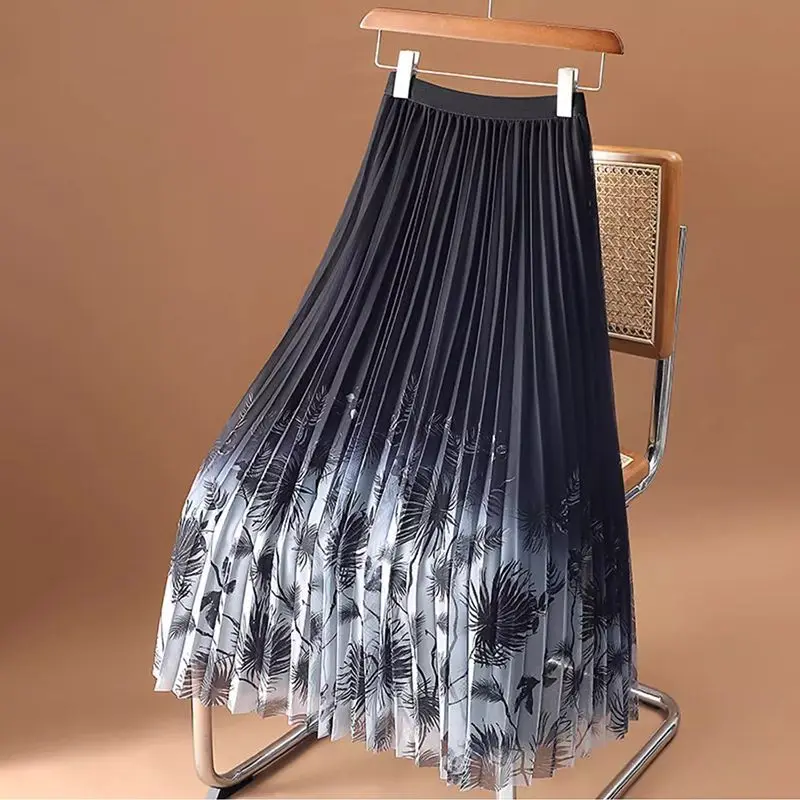 Beach Vacation Dark Green Leaves Chiffon Skirts For Women Summer Elegant High Waist Elastic Embroidered Floral A-line Midi Skirt