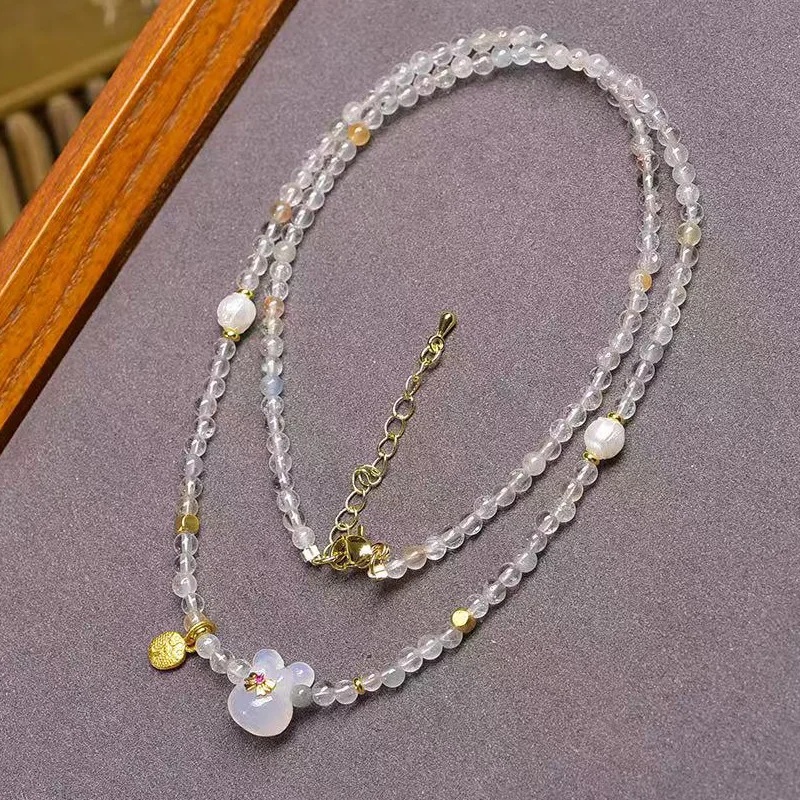 Natural Crystal Rabbit Fur Collarbone Chain White Agate Rabbit Glass Swirl Pattern Bead Pendant Malachite Pearl Necklace