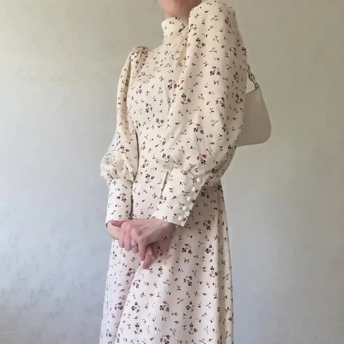 

Loose Lace-up Floral Dress Long Sleeve Dress Turtleneck High Waist Sweet Flower Printed