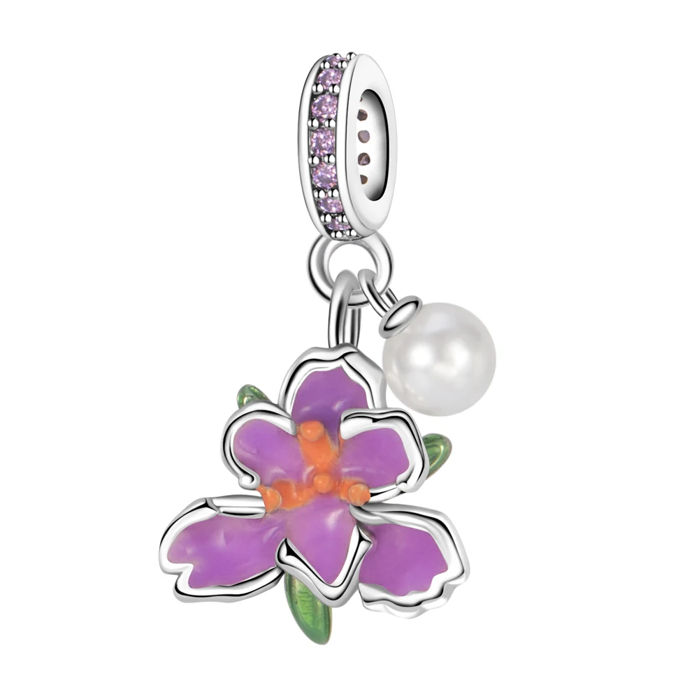 

2025 Hot Selling Item Silver Plated Purple Iris & Pearl Pendant Charm Fit Pan Bracelet DIY Women Jewelry Gift Original Desgin