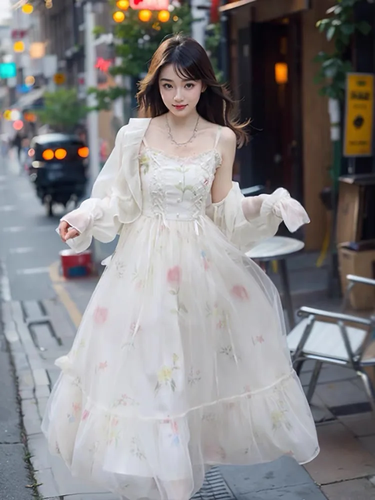 Ele Zomer Bloemenprint Chiffon Cover-up Dr Dames Zoete Sle Strap Lange Rok Set Fairy T Aosphere Lente Herfst