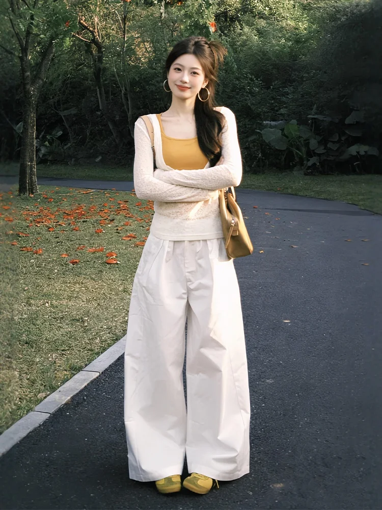 

Summer New Style Women's Three-Piece Set Korean Style Sun Protection Shirt Vest Strap Casual Pants Outfit High Waist Loose Fit
