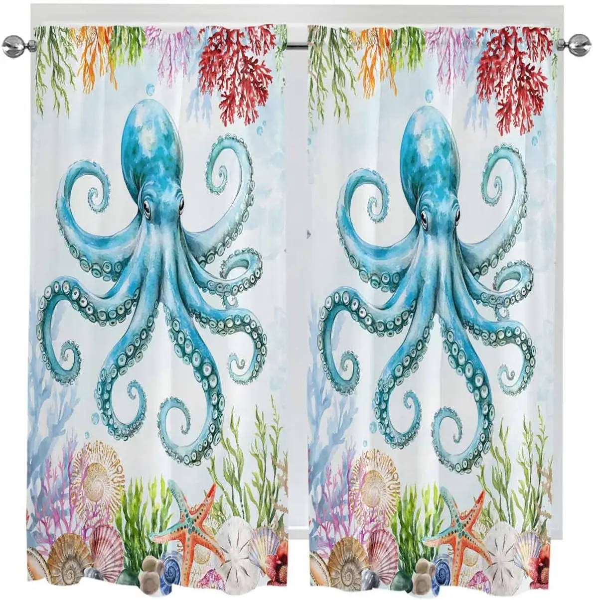 Octopus Coastal Kitchen Curtains Length for Windows, Blue Nautical Summer Beach Ocean Window Treatment Tiers Rod Pocket Curtain