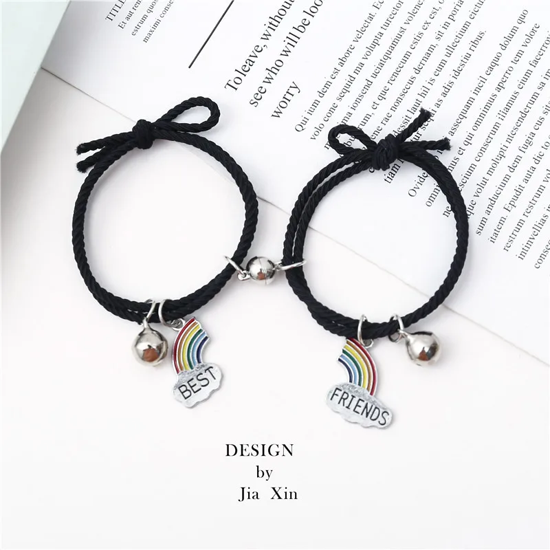 50 Pairs Magnet Attract Couple Bracelet Rainbow Bell Pendant Friendship Jewelry Adjustable Braided Rope Bangle for Women Men