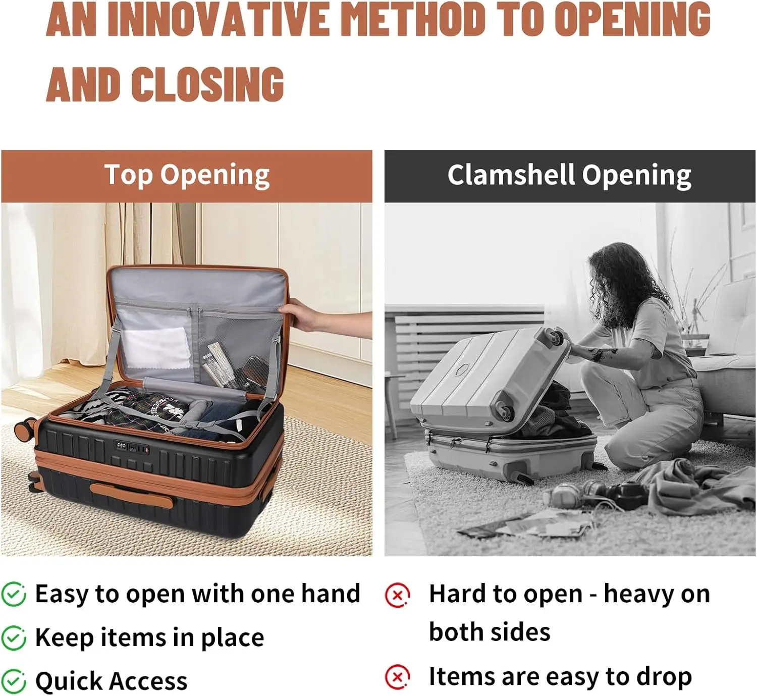 3-Piece Hardshell Luggage Set 20/24/28in Spinner with TSA Locks, Black Brown