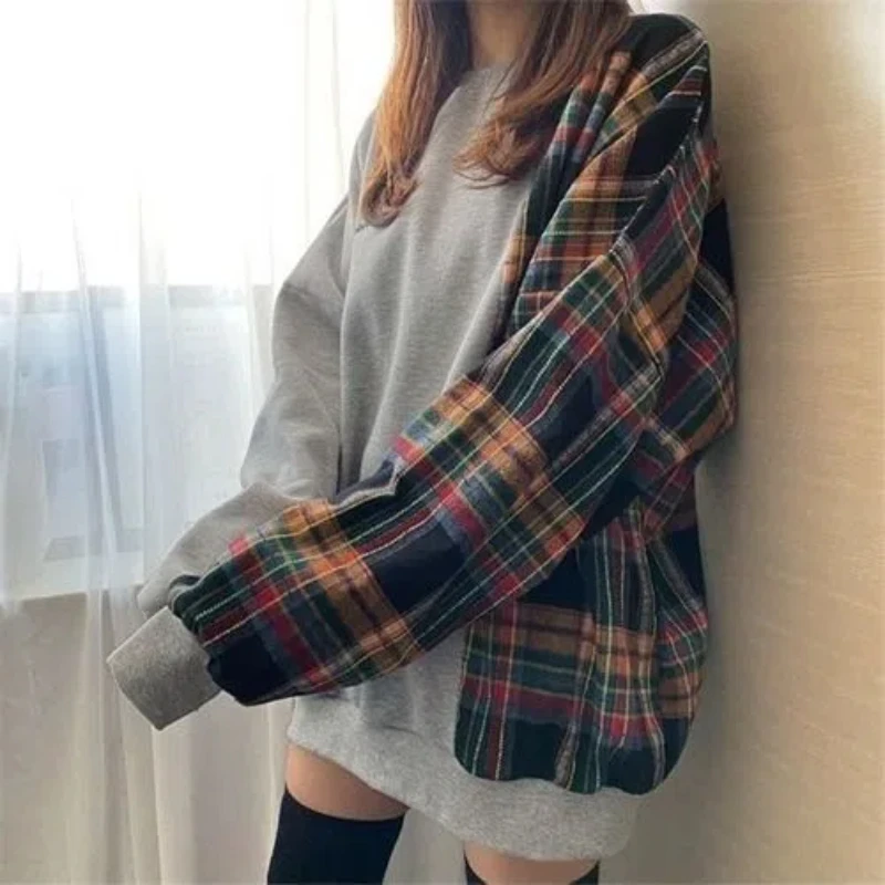 Women Clothing Plaid Patchwork Loose Hoodies Sweatshirts Spring Autumn New Long Sleeve Contrast Street Casual Tops Fashion Trend