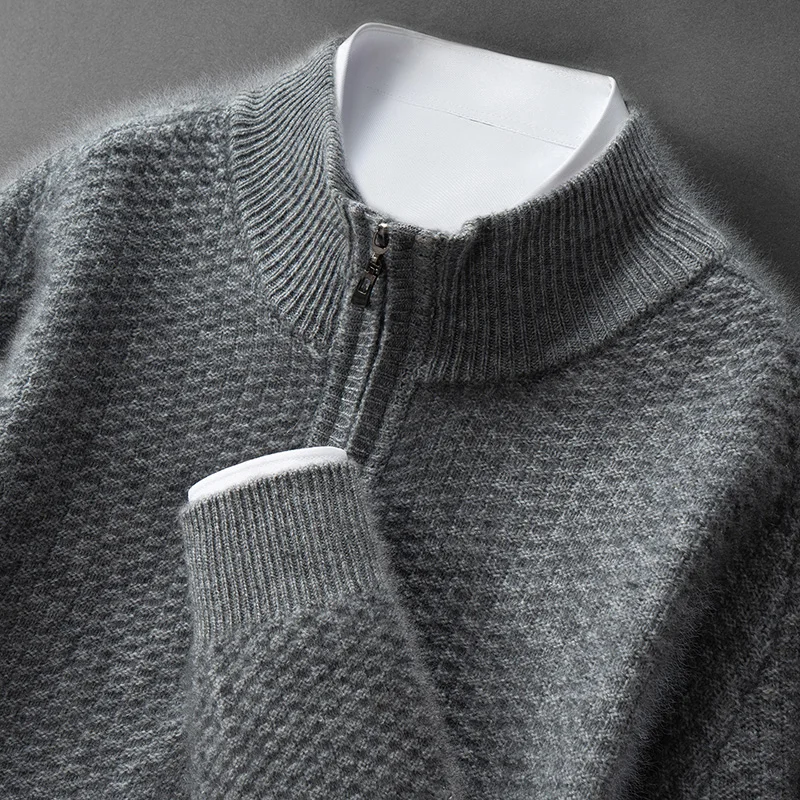 Sweter męski ze 100% czystego kaszmiru, z obniżonymi ramionami, zapinany na krótki zamek, z wysokim kołnierzem, gruby, ciepły, dzianinowy podkoszulek na zimę.