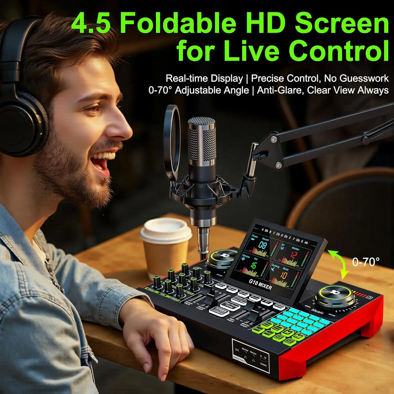 Tenlamp G10 Live Streaming Audio Interface Gaming Audio Mixer, Podcast Equipment with 3.5mm Condenser Mic,Sound Card for PC/Phone Podcast Recording, Voice Changer, Denoise,Phantom Power,Reverb，Music Power Conditioner Karaoke Machine view 5