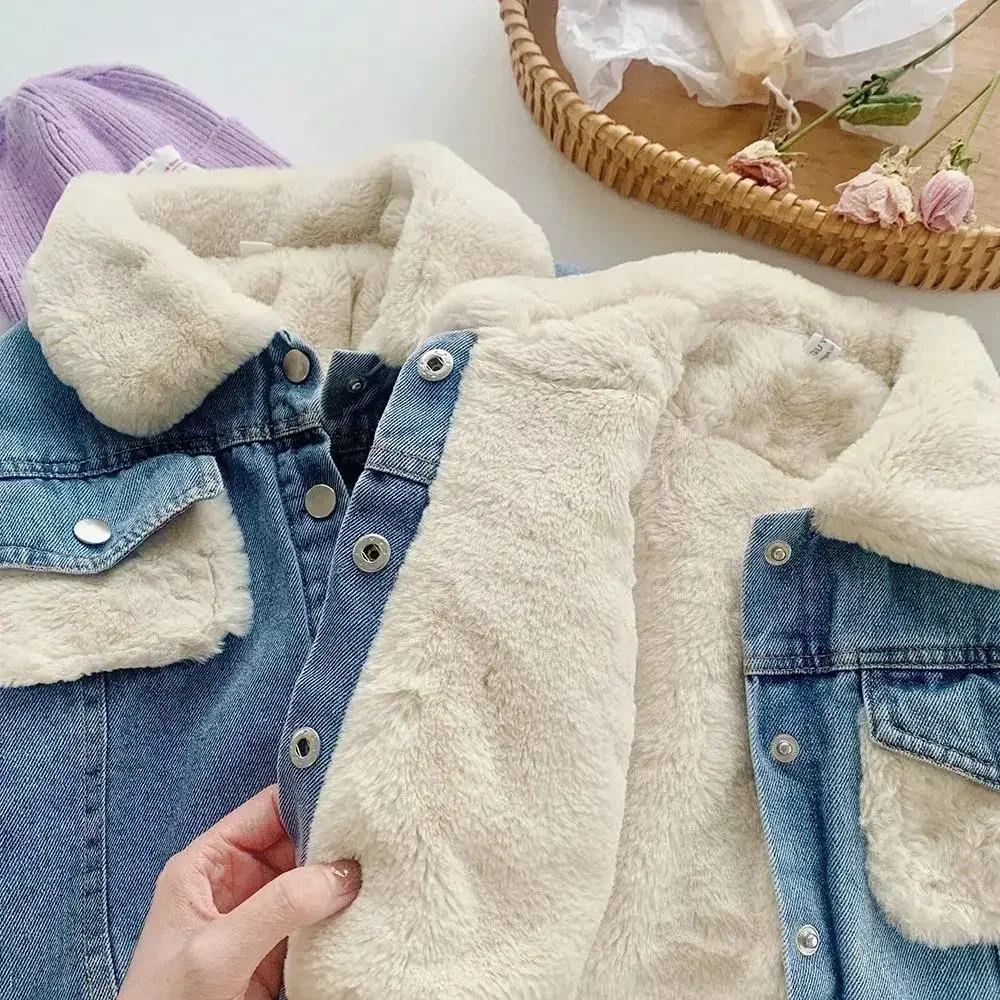 Children coats fleece thickened denim jacket new style 2023 winter new girls Korean warm denim clothes boys baby fashion