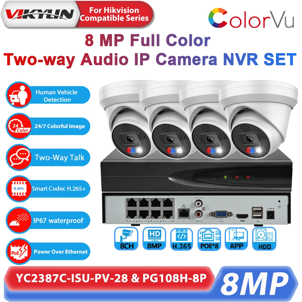 Vikylin 8MP ColorVU IP Camera Alarm Human Vehicle Detection 4K 8POE 8CH Network Video Recorder Home CCTV Outdoor Security System