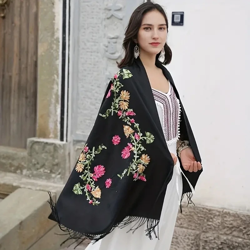 Winter Imitation Cashmere Scarf Embroidered Floral Pashmina Solid Tassal Wraps For Women Elegant Blanket Warm Shawl 200*70cm