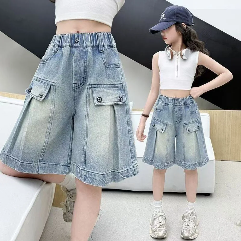 

Long Style Kids Child New Design Jeans Capris Shorts With Fake Pocket for Girls High Fashion Summer Mid-Calf Denim Shorts 5-14Y