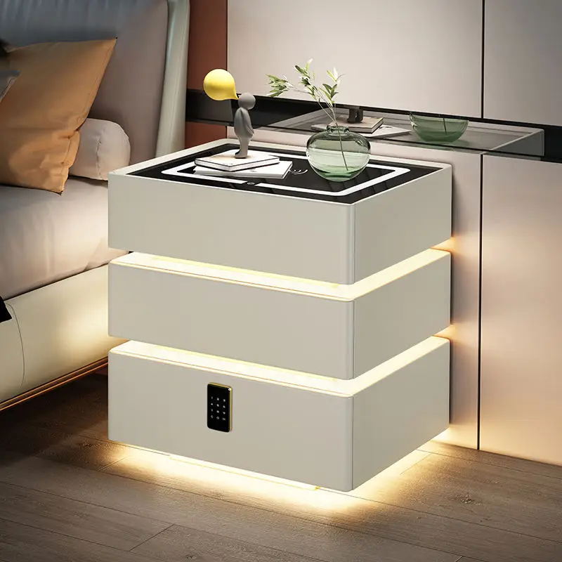 طاولة السرير الذكية LED منضدة خشبية ذكية شحن لاسلكي قفل أمان بكلمة مرور 3 أدراج طاولة بجانب السرير لغرفة النوم #4