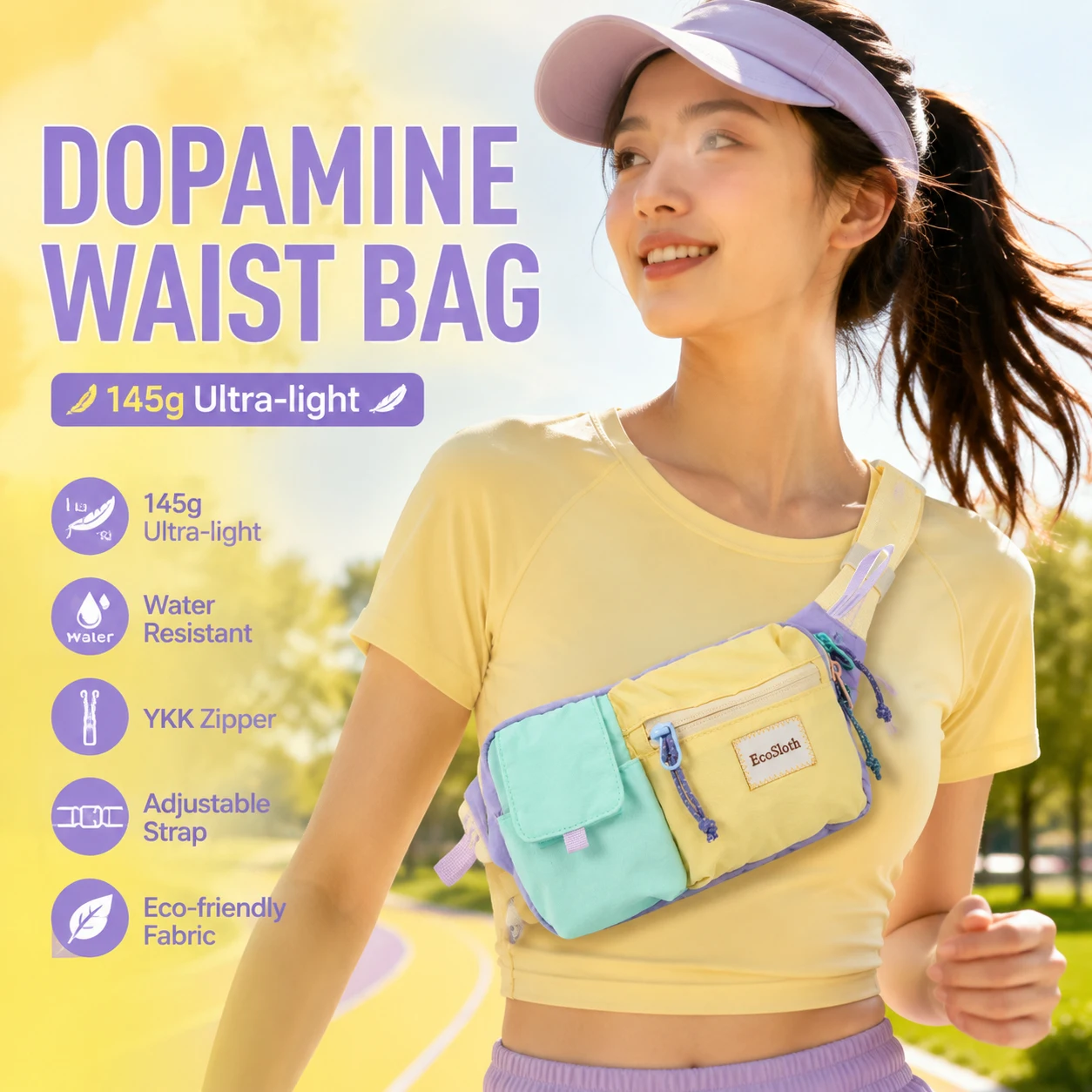 EcoSloth dopamine waist bag, water-resistant nylon lightweight crossbody bag, outdoor sports and leisure, lightweight travel