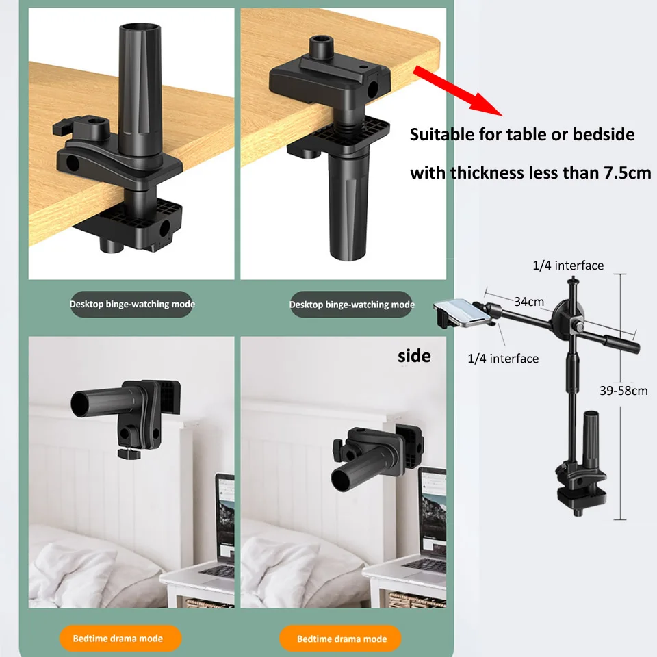 Desk Lifting Bracket with Phone Holder 360°Ballhead Clamp Mount with LED Ring Light Video Recording Desktop Food Overlooking