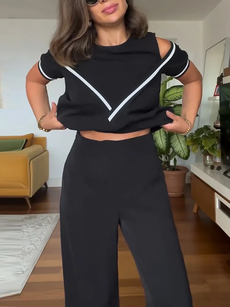 Drauuing Female Slim Black Pants Outfits Women Elegant Office Long Pants Two Piece Set Lady Wide Leg Pants Summer Straight Suit