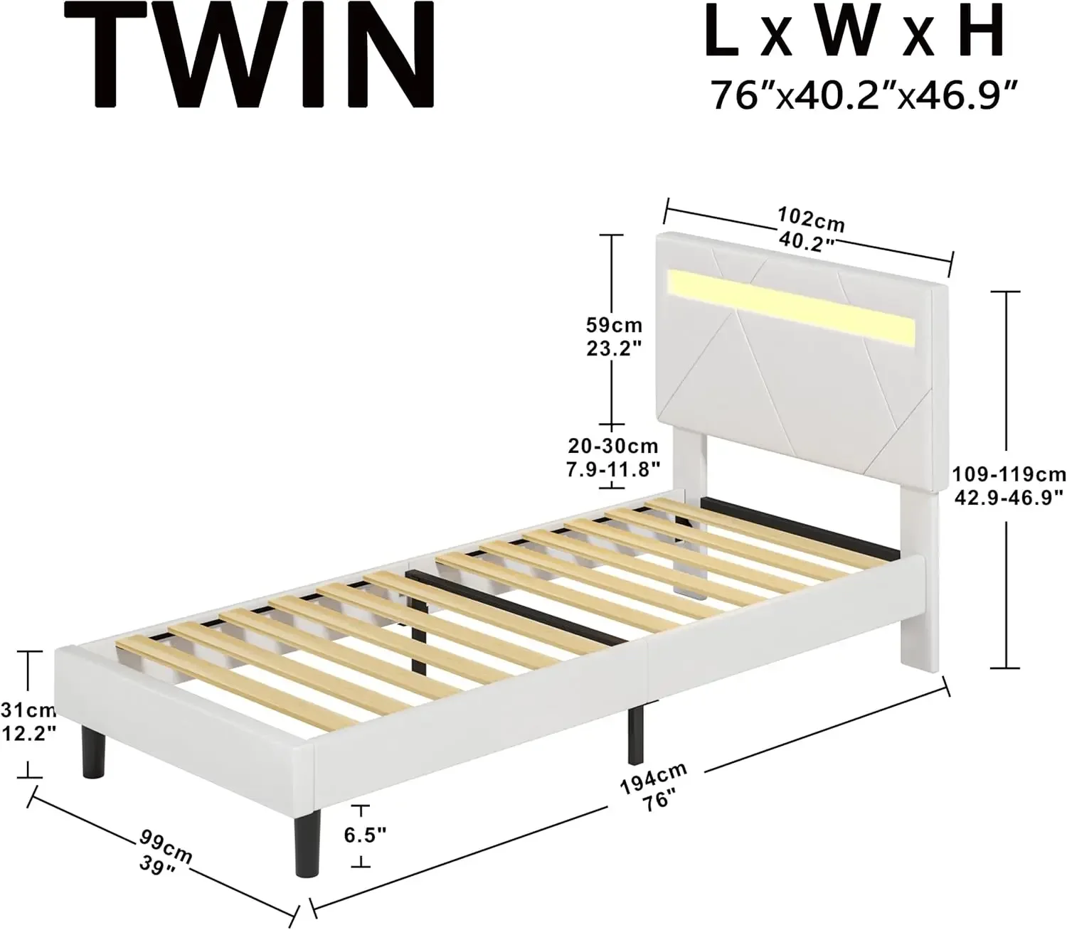 Twin Bed Frame with LED Lights(Smart APP Control), Upholstered Modern Platform Bed Frame, No Box Spring Needed/Noise-Fre