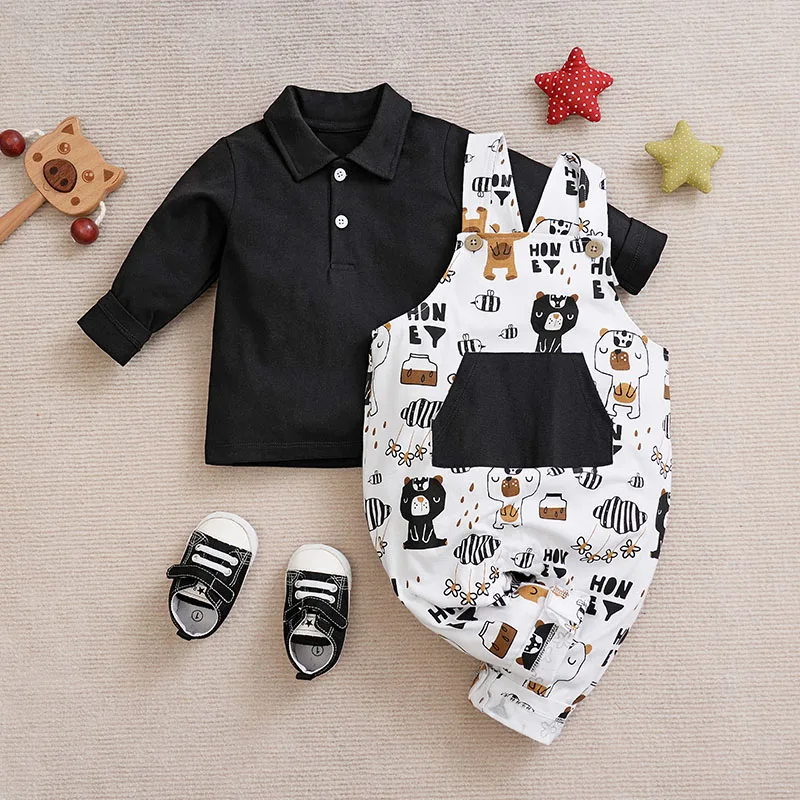 0-18m Newborn Clothing Cute Brown Bear Printed Cotton Soft Spring And Autumn Long Sleeved Baby Polo Shirt+Strap PantsTwoPieceSet