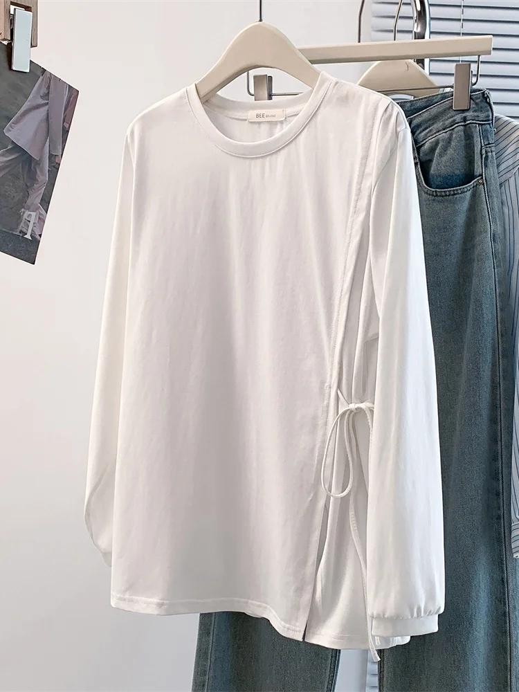 Elegant Tie-Detail Long Sleeve round Neck T-Shirt Women's Fashionable Asymmetrical Design Cotton Polyester Blend Spring Autumn