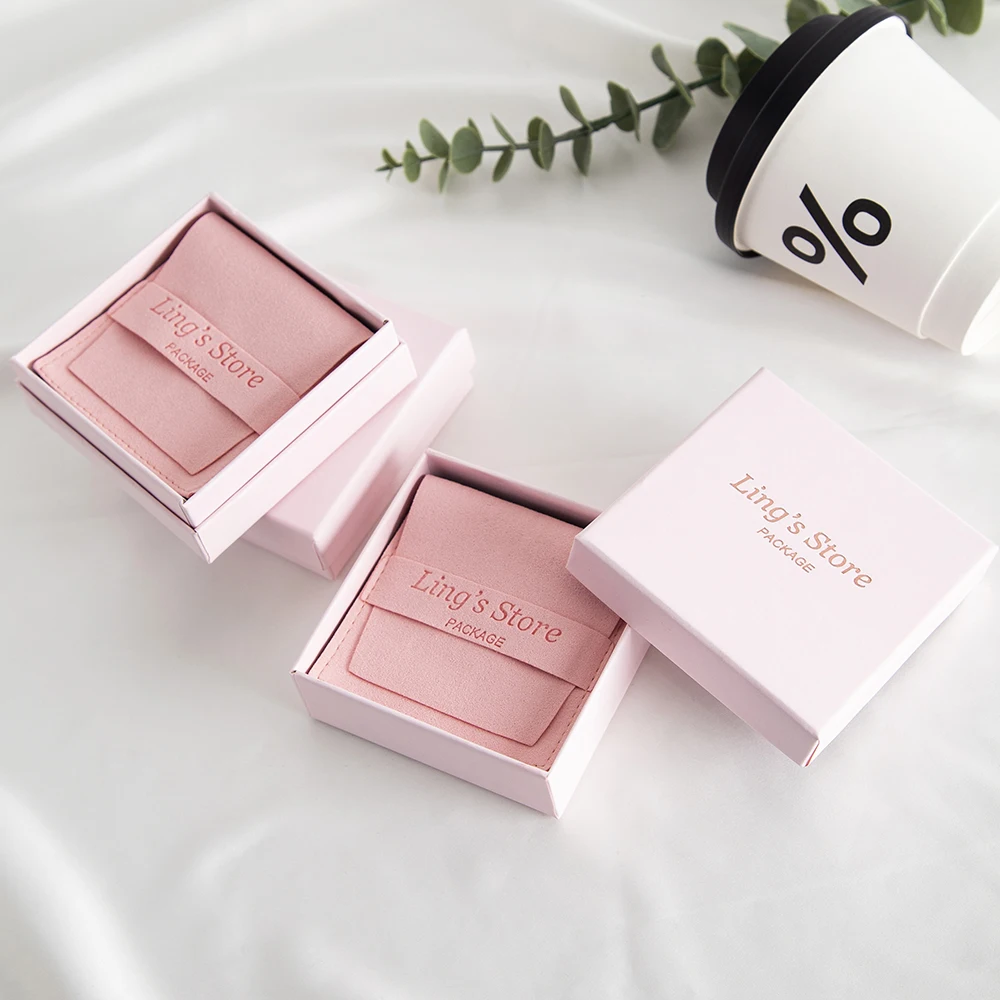 50Sets Lovely Pink 9x9x3cm Jewelry Gift Box Inside With  Cute 8x8cm Microfiber Strip Bag Envelope Pouch Suede Velvet Flap Pocket