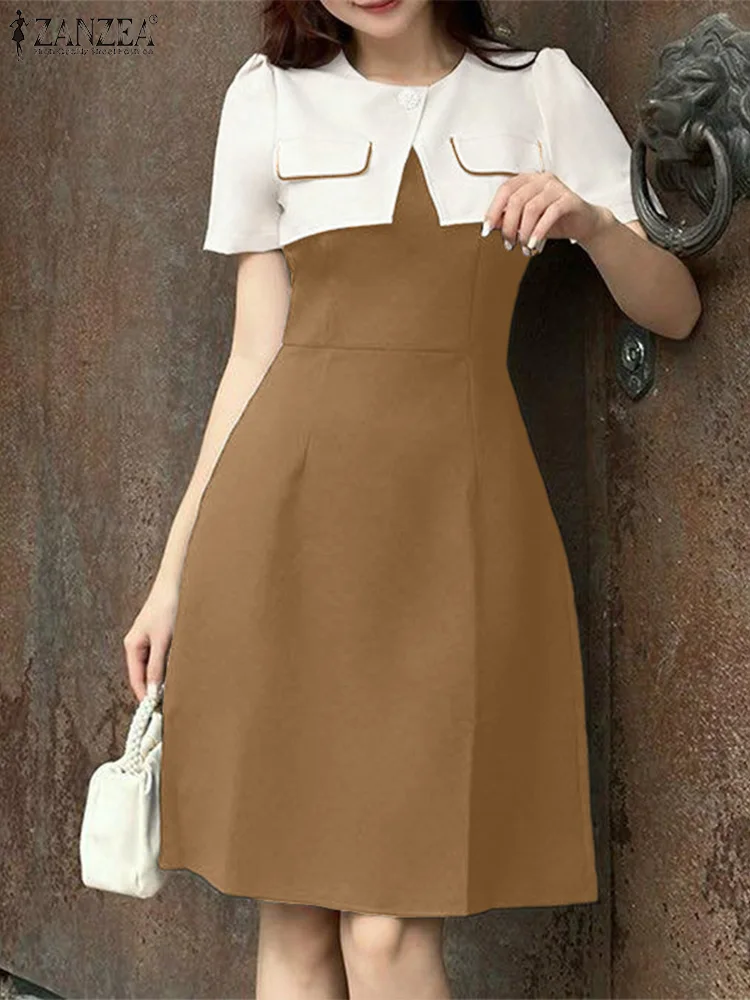 

ZANZEA Elegant Party Sundress Women Short Sleeve Knee-Length Dresses Office Lady OL Robe Casual O-Neck Color Patchwork Vestidos