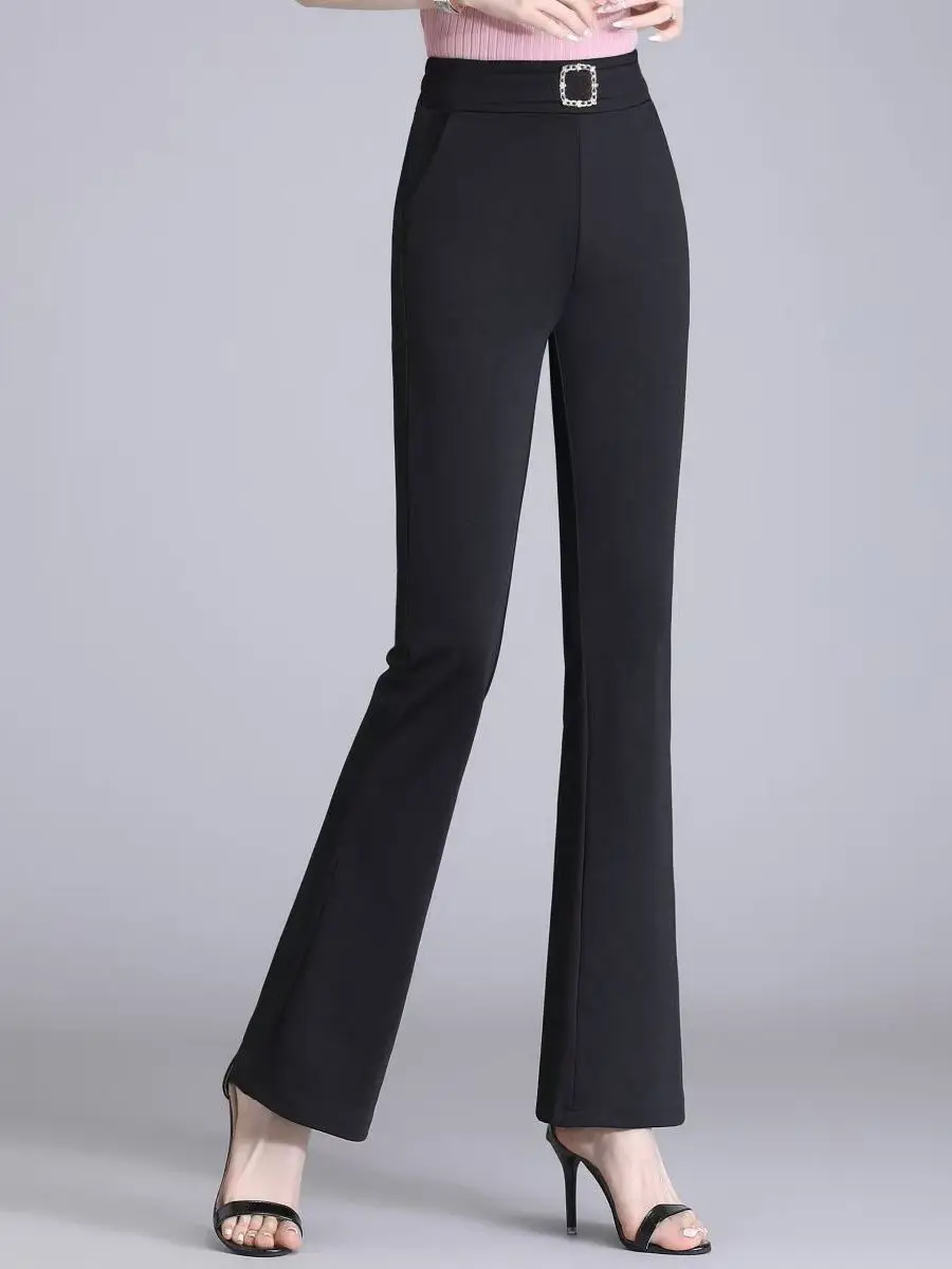 

Женские брюки с высокой талией и широкими штанинами, весенне-осенние, стройнящие, больших размеров, с эффектом удлинения ног, универсальные, для повседневной носки