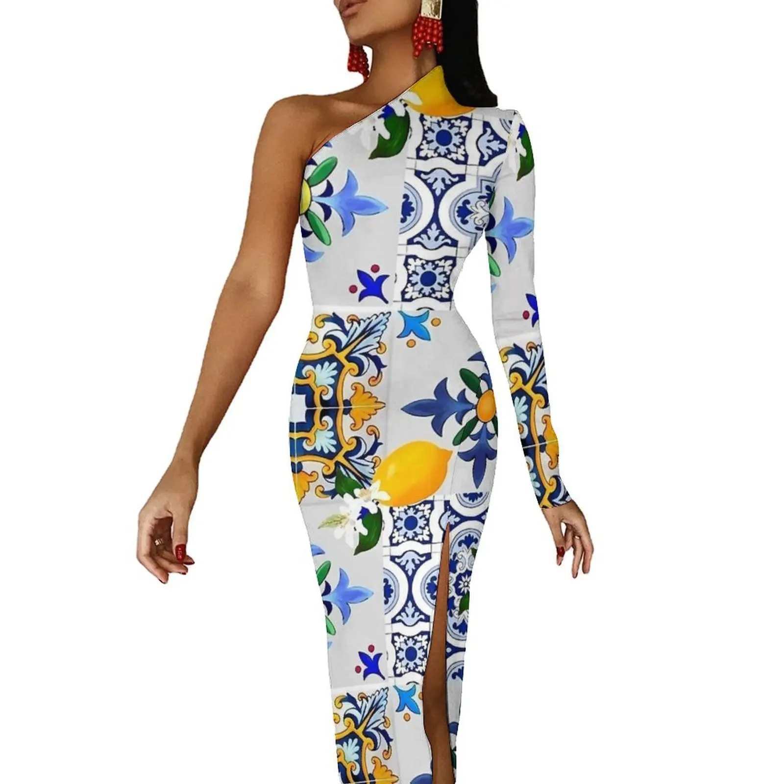 Majolica Lemon Bodycon Dress Women Tiles Citrus Flower Elegant Maxi Dress Long Sleeve Aesthetic Design Dresses Birthday Present