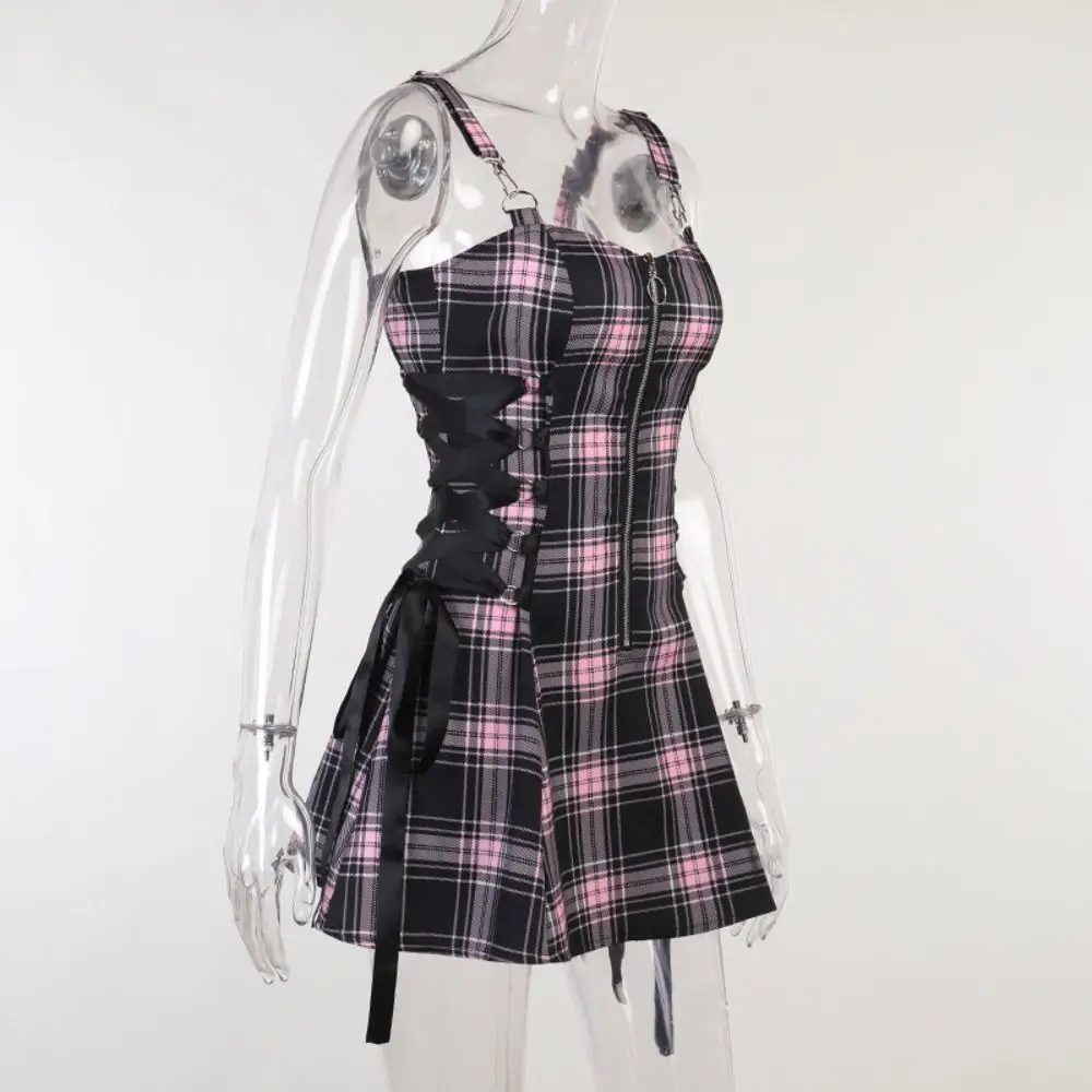 Black Blue Pink Harajuku Y2K Sexy Dress Streetwear Aesthetic Y2K Plaid Corset Dress Design Checkered Gothic Punk Plaid Dress