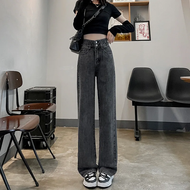 High Waist Wide Leg Denim Jeans Women's Loose Fit Versatile Black Grey Straight Long Pants Floor-Length Trendy Design